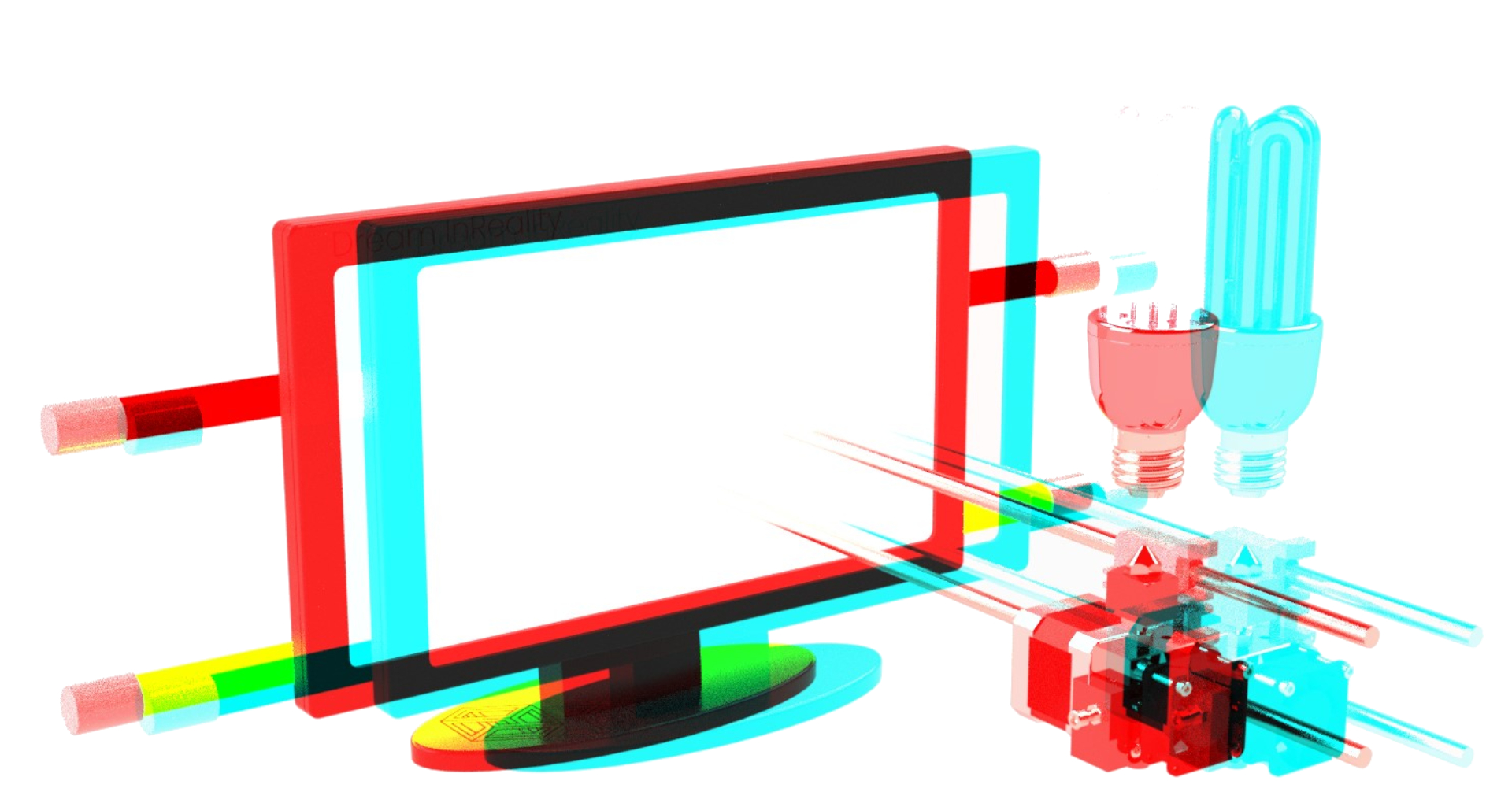 3D CAD rendering with anaglyph effect showing technical design process